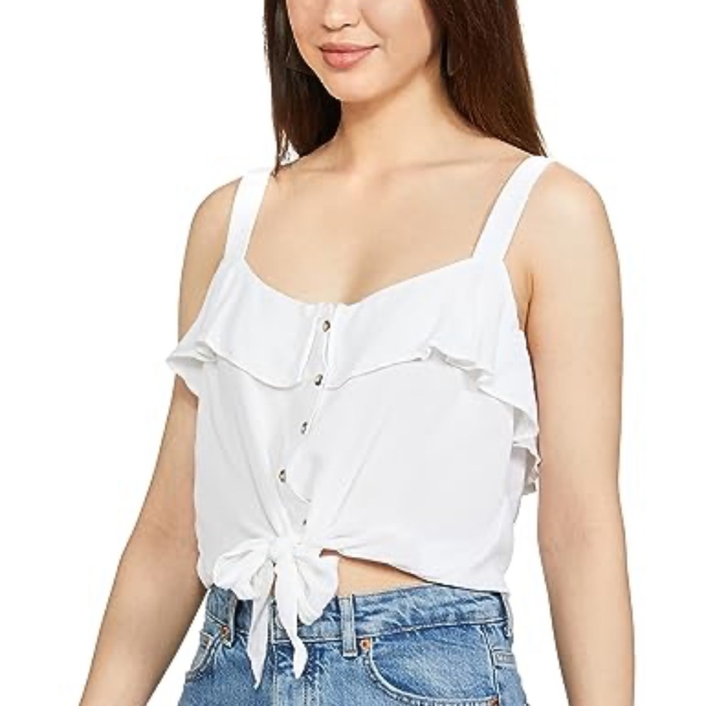 F21 Contemporary button tie ruffle crop top